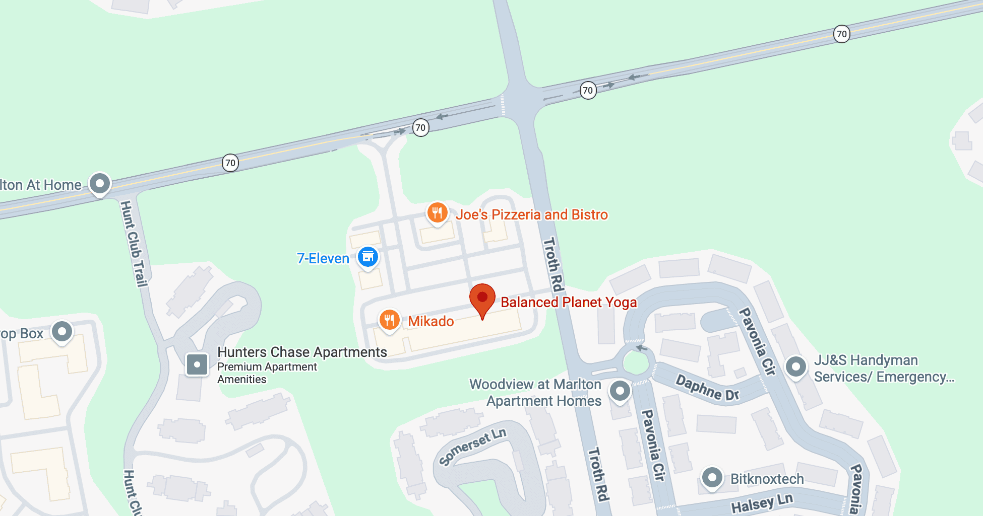Map showing Balanced Planet Yoga at 795 E Route 70, Suite F, Marlton, NJ